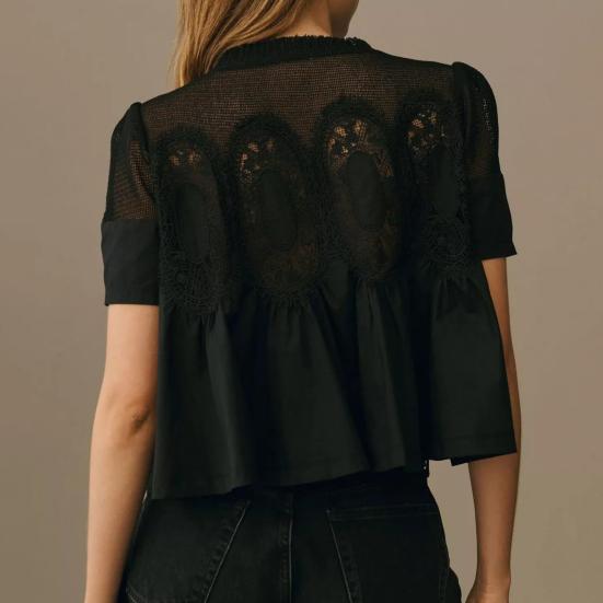 Women Tops Round Neck Short Sleeve Pure Color Pullover Tops Hollow Embroidery Mesh Yarn Loose Fit Casual Tops Daily Wear