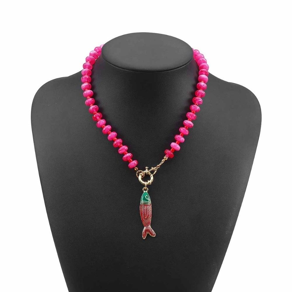 Colored Stone Small Fish Pendant Necklace Bohemian Fish-shaped Charms Jewelry Beads Necklace Women