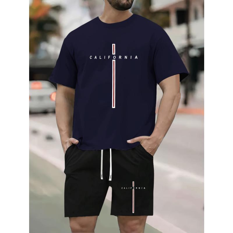 California Letter Print Men s Two Piece Set, Short Sleeve T-shirt & Drawstring Shorts XXS