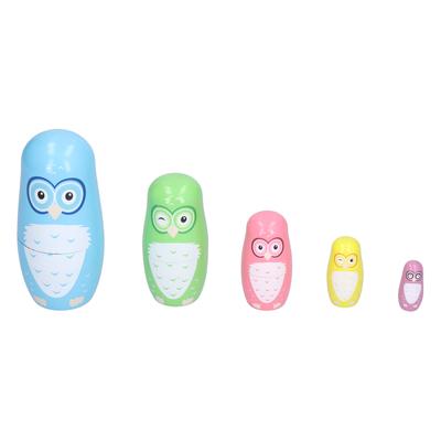 5Pcs Painting Nesting Dolls Wood Cartoon Owl Art Crafts Intelligence Toy Home Decoration