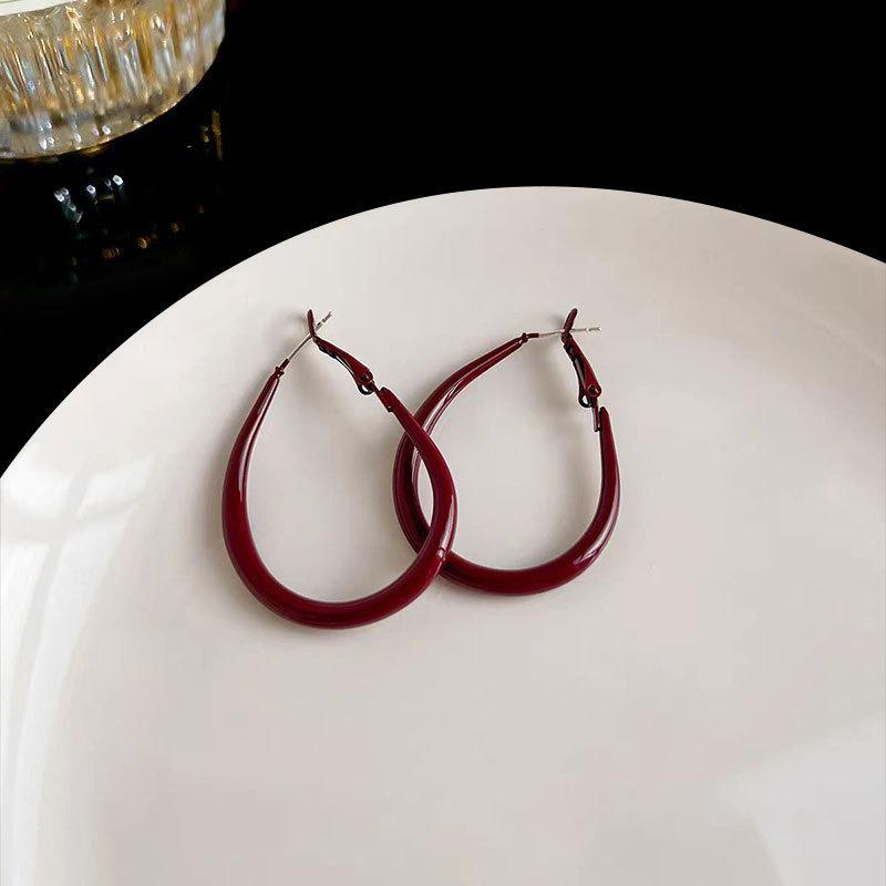 Ankola Red Circle Ear Buckle Retro Hong Kong Style Red Drop Glaze Earrings Niche Simple Earrings