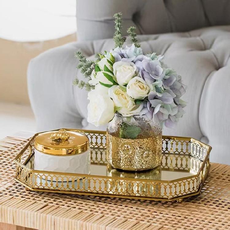 Gold Trimmed Glass Cosmetic Storage Tray Elegant Makeup Perfumes Organizer Metal Construction Display Plate