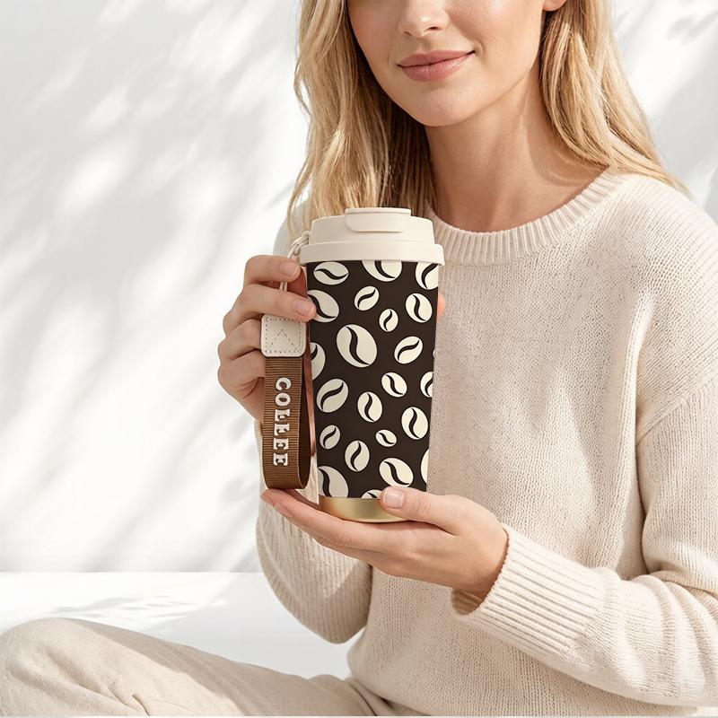 532ml Coffee Mug Coffee Bean Element Lanyard Insulated Cup Outdoor Cup Large Capacity Cup Commute Coffee Cup Stainless Insulated Cup 532ml Coffee Mug