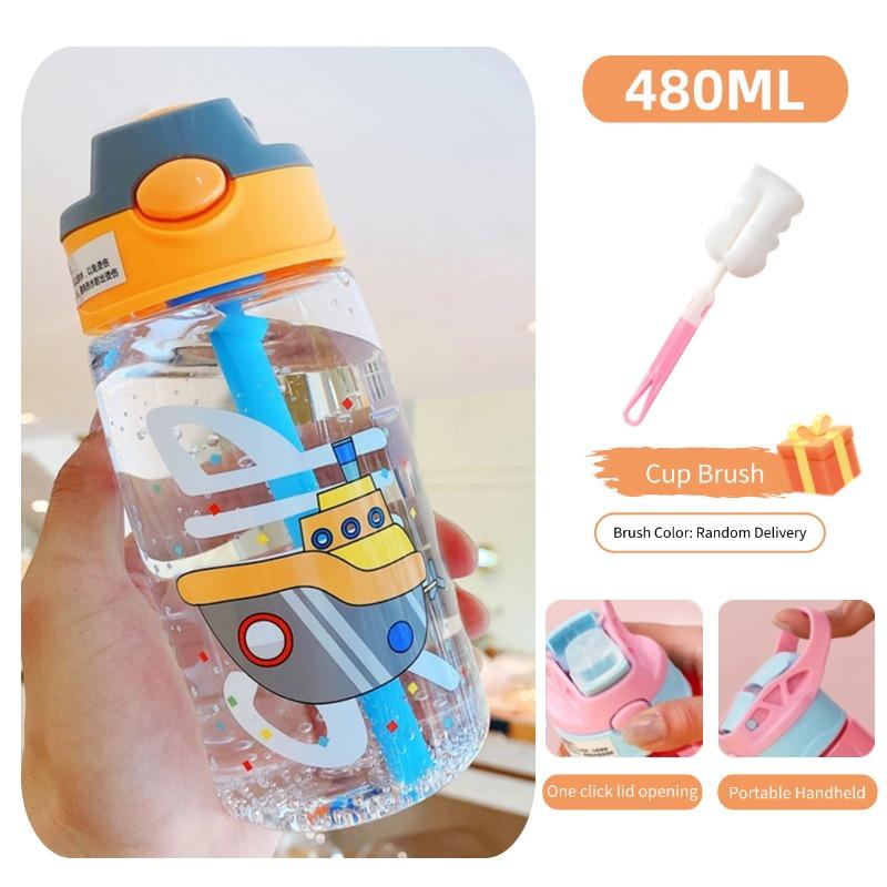 480ml Cute & Durable Cartoon Space Cup with Handeld Ring BPA-Free Portable Outdoor Water Bottle With Straws And Lids Spill Proof