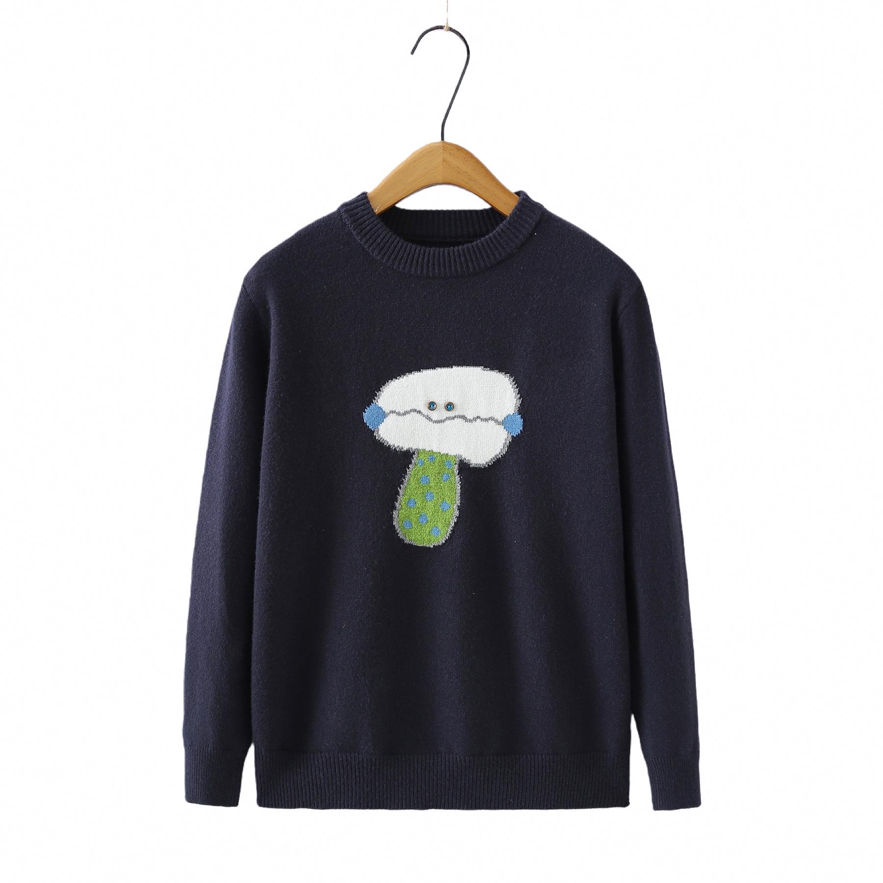 

2025 Winter Plus Size Women s Mushroom Jacquard Sweater, Round Neck, Long Sleeve, Thick Knit 3XL темно-синий