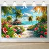 2D Plane 1 Tropical Beach Mural Featuring Vibrant Palm Trees Turquoise Water and Floral Designs