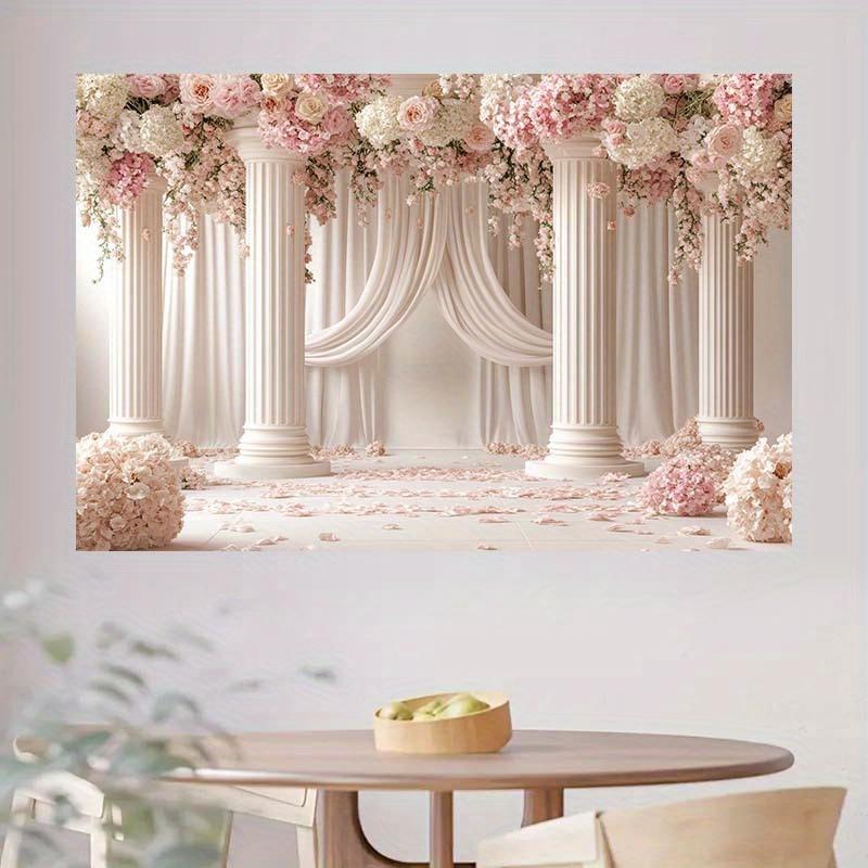 1pc floral elegant wedding background, romantic pink roses and elegant white columns, polyester wedding decorations
