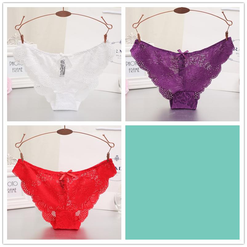 3pcs/lot Women's Sexy Hollow Lace Low Waist Triangle Panties Ruffle Edge Bow Underpants
