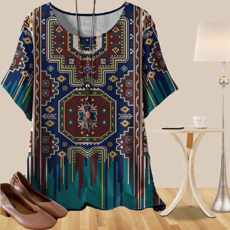 Women's Fashion Casual Loose Spring Shirt Women's Short Sleeve Colorful Lotus Vintage Pattern Printed Tops