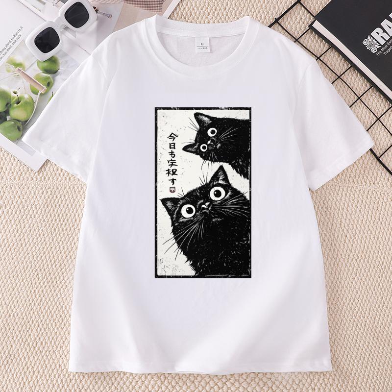 Japanese Cat TShirt Unisex Unisex Tokyo Aesthetic T Shirt Black Cat Tee Casual Cotton Short Sleeve Printed Tshirts Unisex Clothes