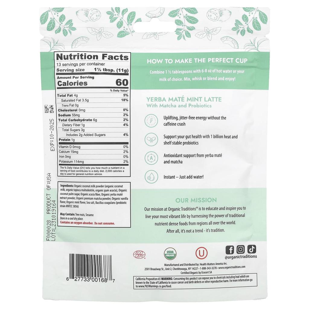 Yerba Mate Mint Latte with Matcha and Probiotics, 150G (5.3Oz)