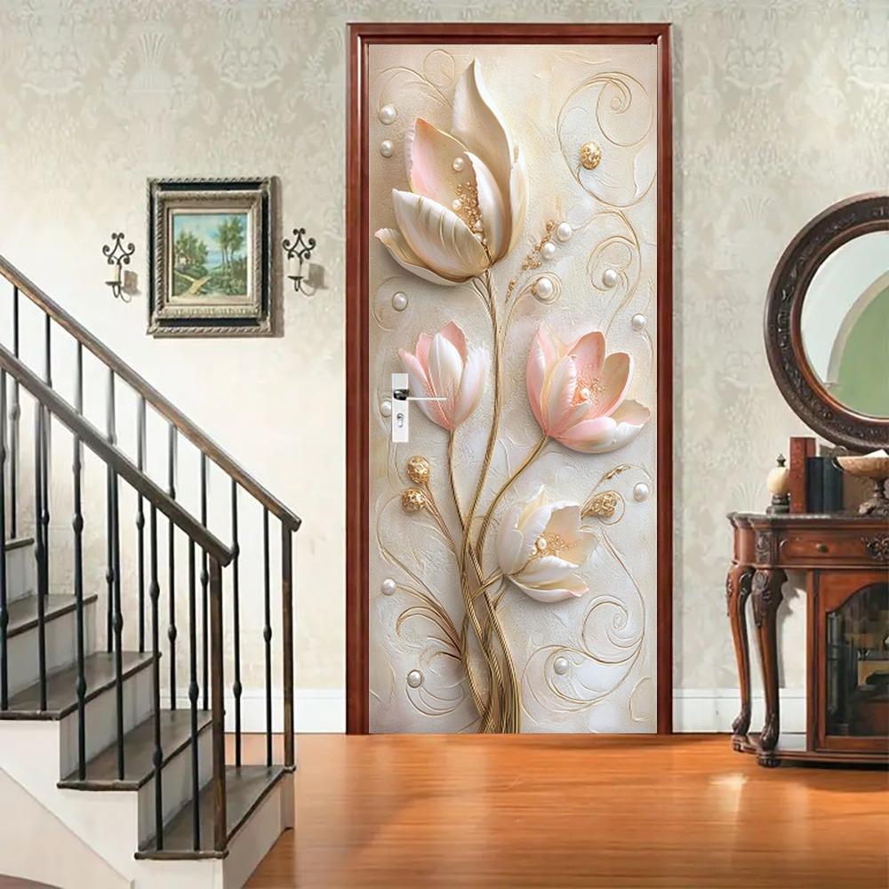 Modern Embossed Floral Jewelry Poster Door Sticker, Abstract Art Door Sticker, PVC Self-adhesive Removable Door Sticker.