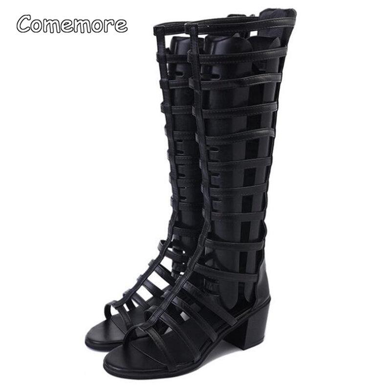 Feiern Sie Frauen Sommer Schuh Blockabsatz Kniehohe Stiefel Offene Zehe Reißverschluss hinten Frau Schwarze Schuhe Absätze Sandale 2025 Gladiatorensandalen