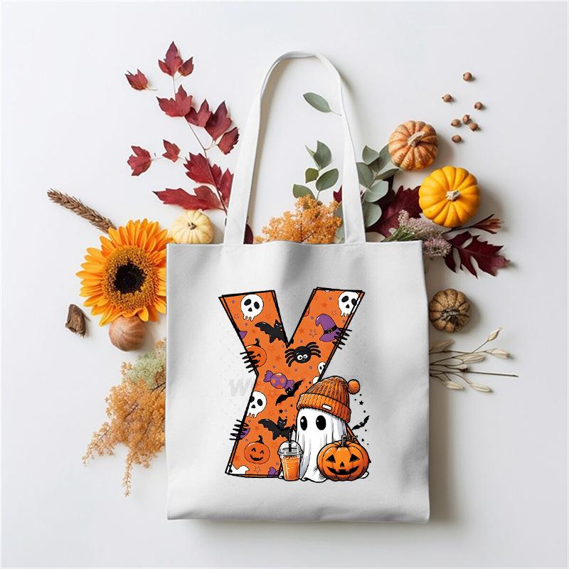 Halloween 26 Letter Cartoon Print Peripheral Student Tote Bag Large Capacity Canvas Bag
