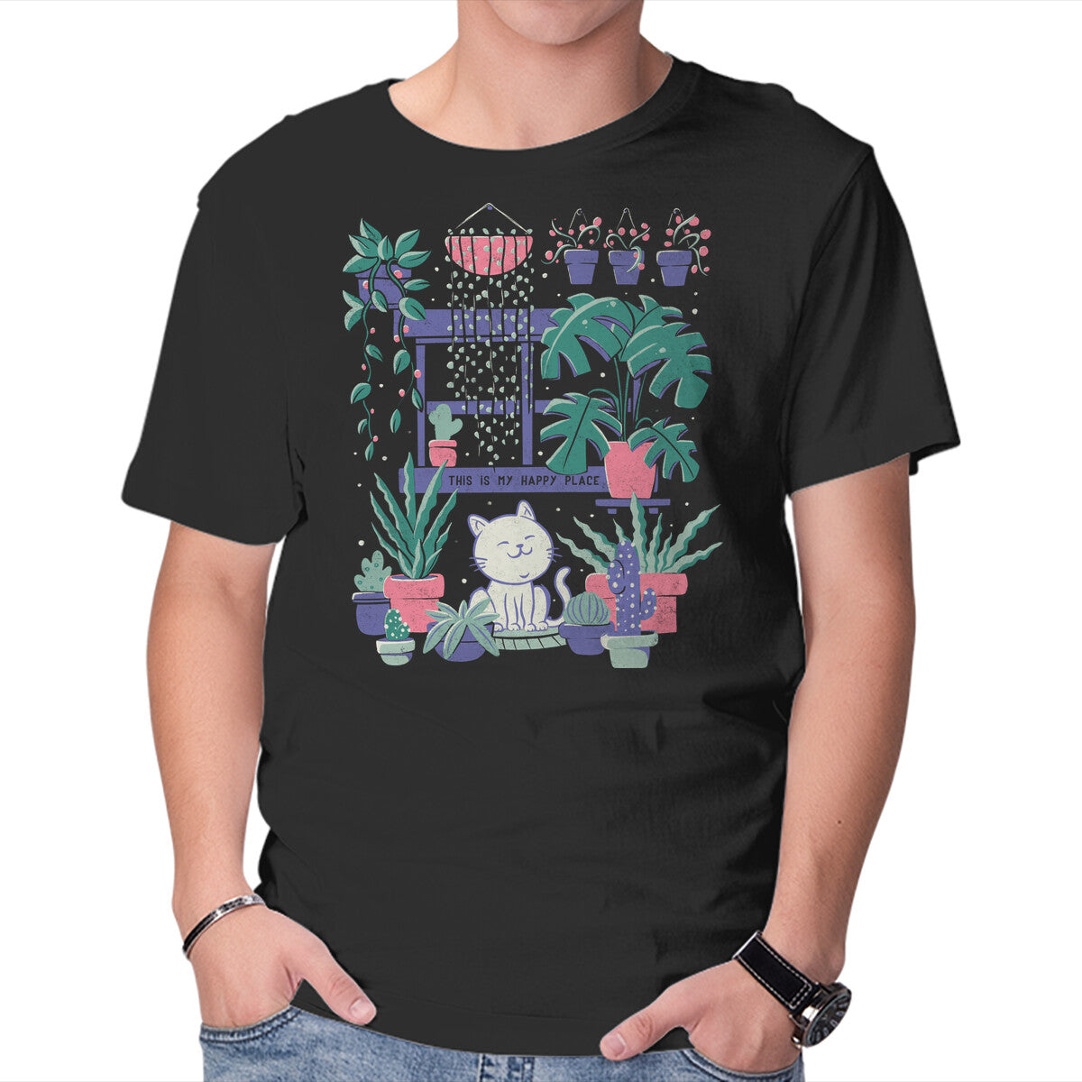 Unisex Crew Neck T-Shirt Happy Place Graphic Short Sleeve Casual Tee S