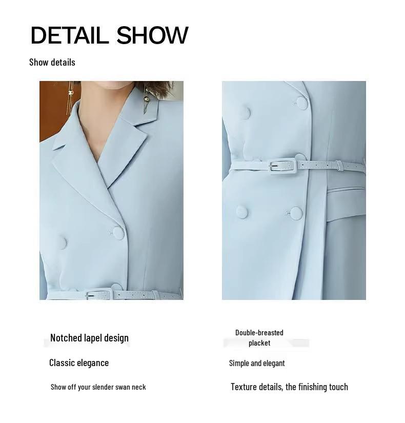 Women's Light Blue Double-Breasted Slimming Suit Dress for Autumn/Winter - Ideal for Exams or Formal Commute