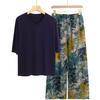 Pajamas Women's Spring and Summer New V-neck Short-sleeved Cotton and Linen Pants European and American Large-size Loungewear Two-piece Set