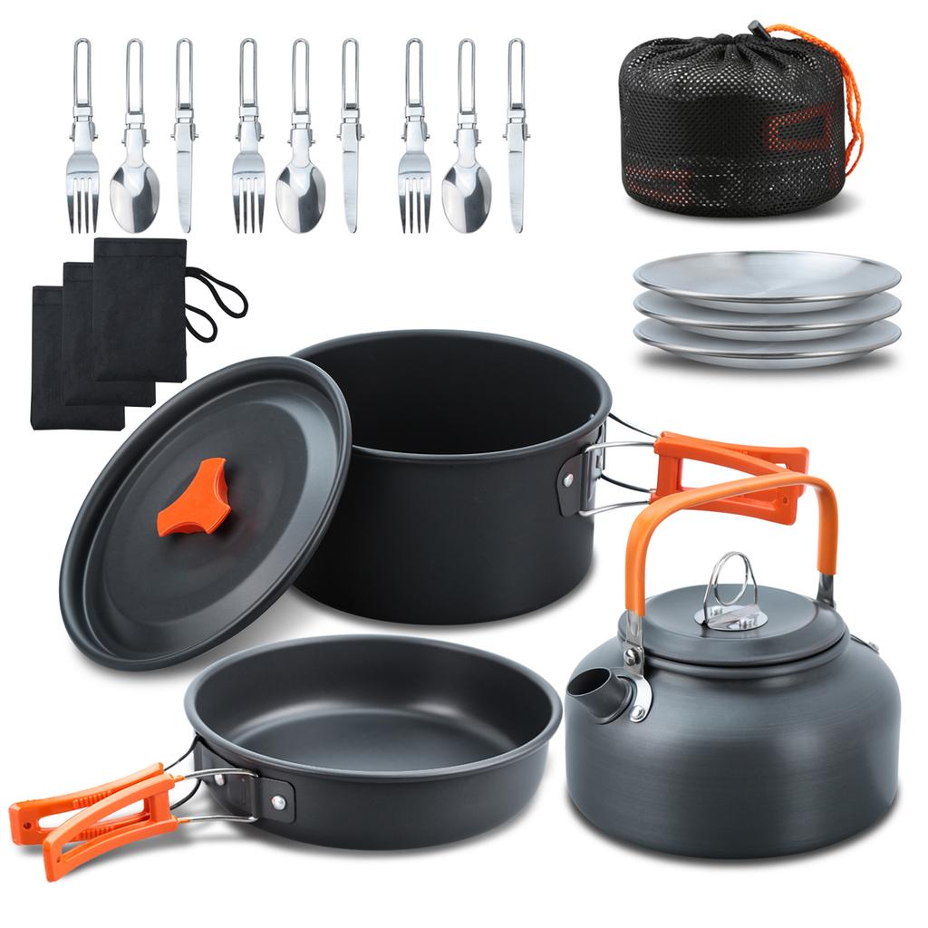 Outdoor Camping Kochgeschirrset Tragbares Picknick-Geschirr Bratpfanne Suppentopf Kessel Teller Messer