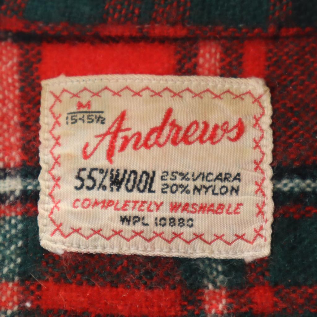 60s Vintage Wool Blend Check Pattern Long Sleeve Open Collar Shirt M Red Men's Used