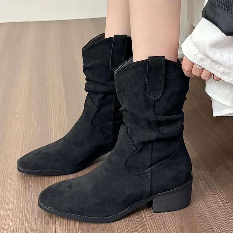fashion Rimocy Women's Fashion Thick Heels Ankle Boots Khaki Flock Slip On Western Boots Woman Spring Autumn Stylish Short Botas Mujer