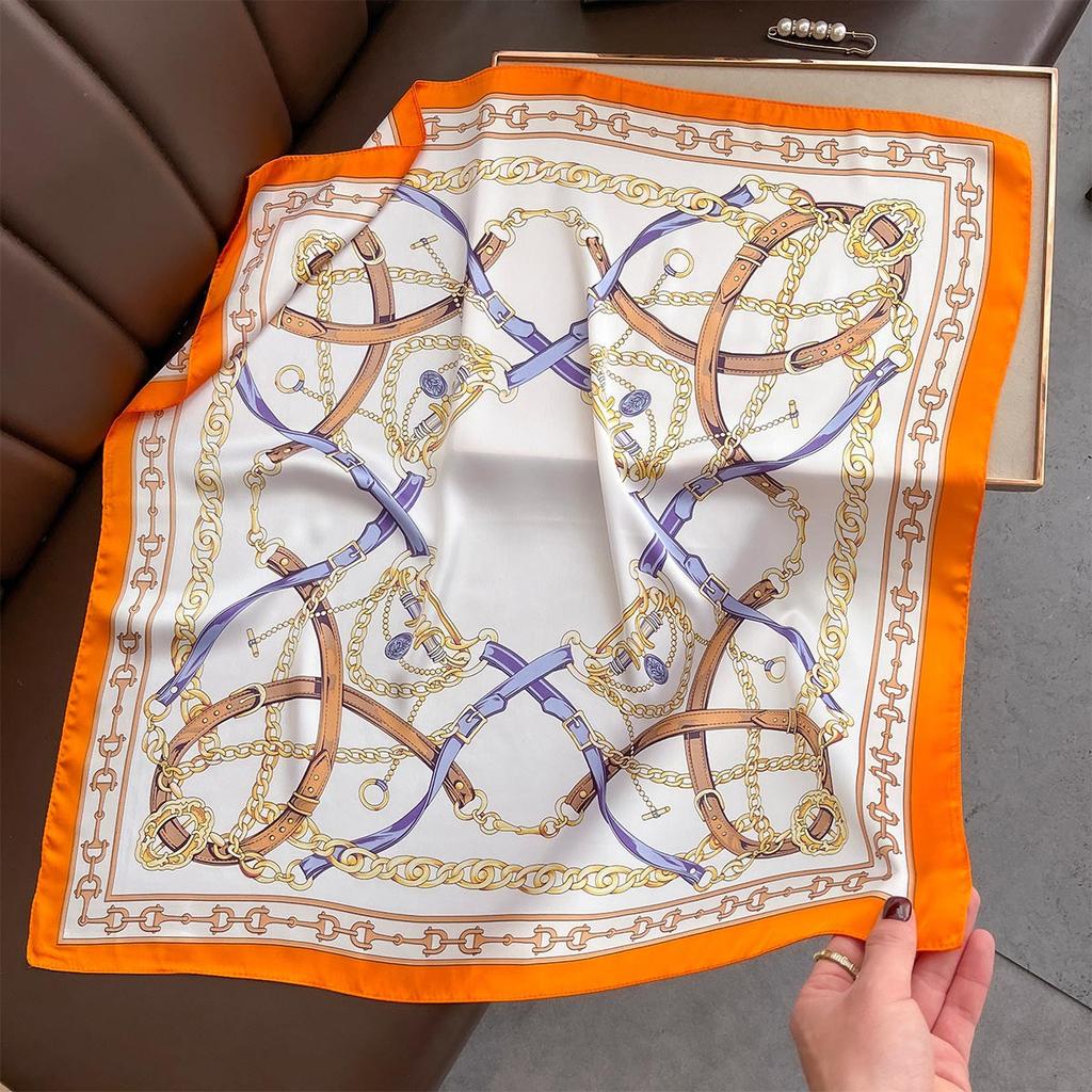 Luxury Brand Silk Satin Head Scarf For Women Chain Print Kerchief Neck Scarfs 70cm Square Shawls and Wrpas Scarves For Ladies
