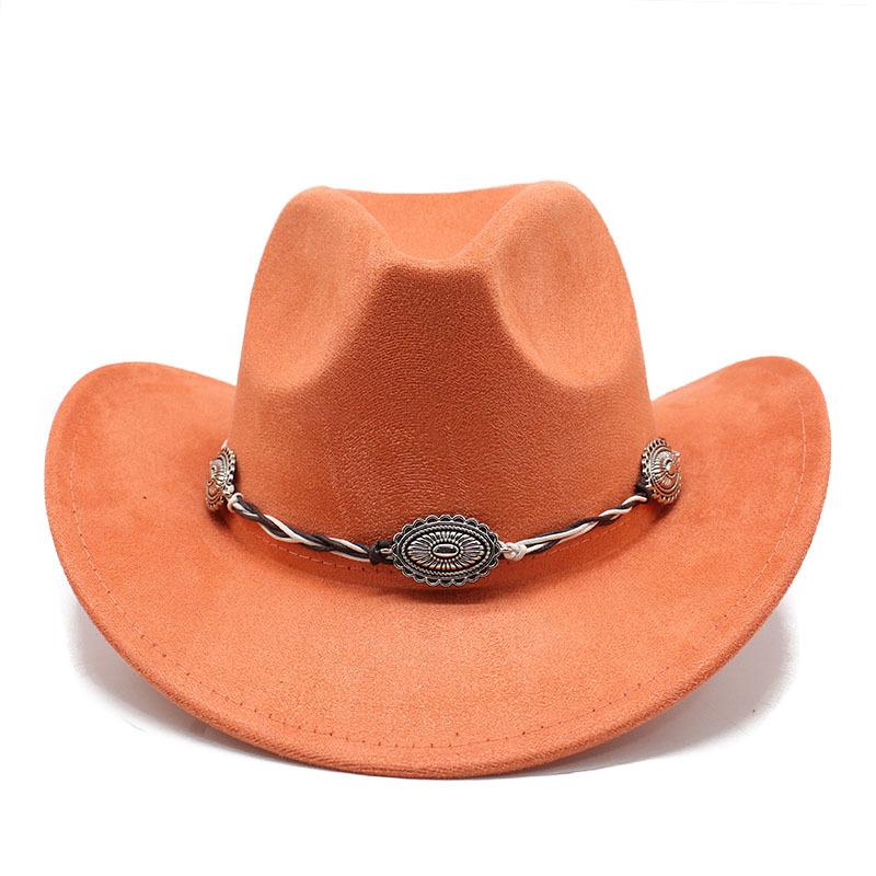 Semišový Upturned Edge Western Cowboy Klobouk Muži a ženy Outdoorový cestovní klobouk Rolled Brim Etnický styl Cylindr Plstěný klobouk