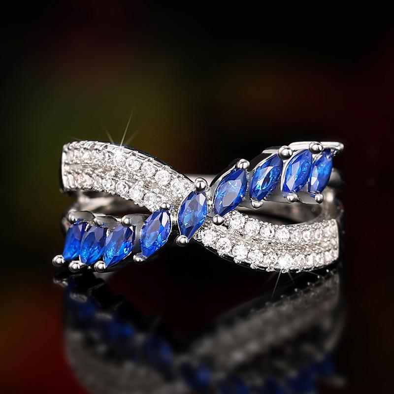 Huitan Gorgeous Fashion Cross Ring Bright Blue/White Zirconia Finger Accessories for Women Luxury Trendy Party Jewelry for Lady