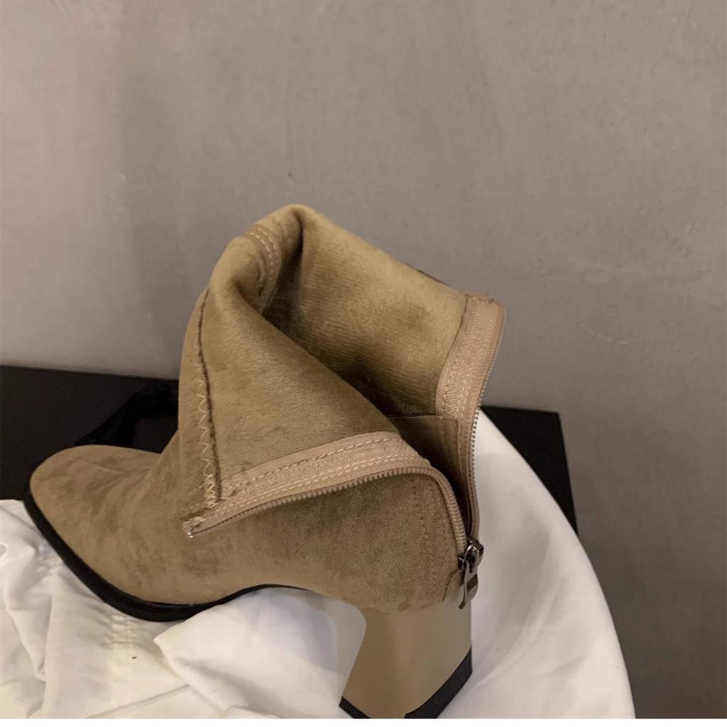 2025 Korean Style Suede Ankle Boots: Women's High Heel, Square Toe, Velvet Lined, Autumn/Winter Slimming Martin Boots