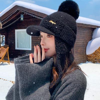 Rabbit Fur Hat Women's Fashion Versatile Knitted Wool Hat Winter Warm and Cold Ear Hat