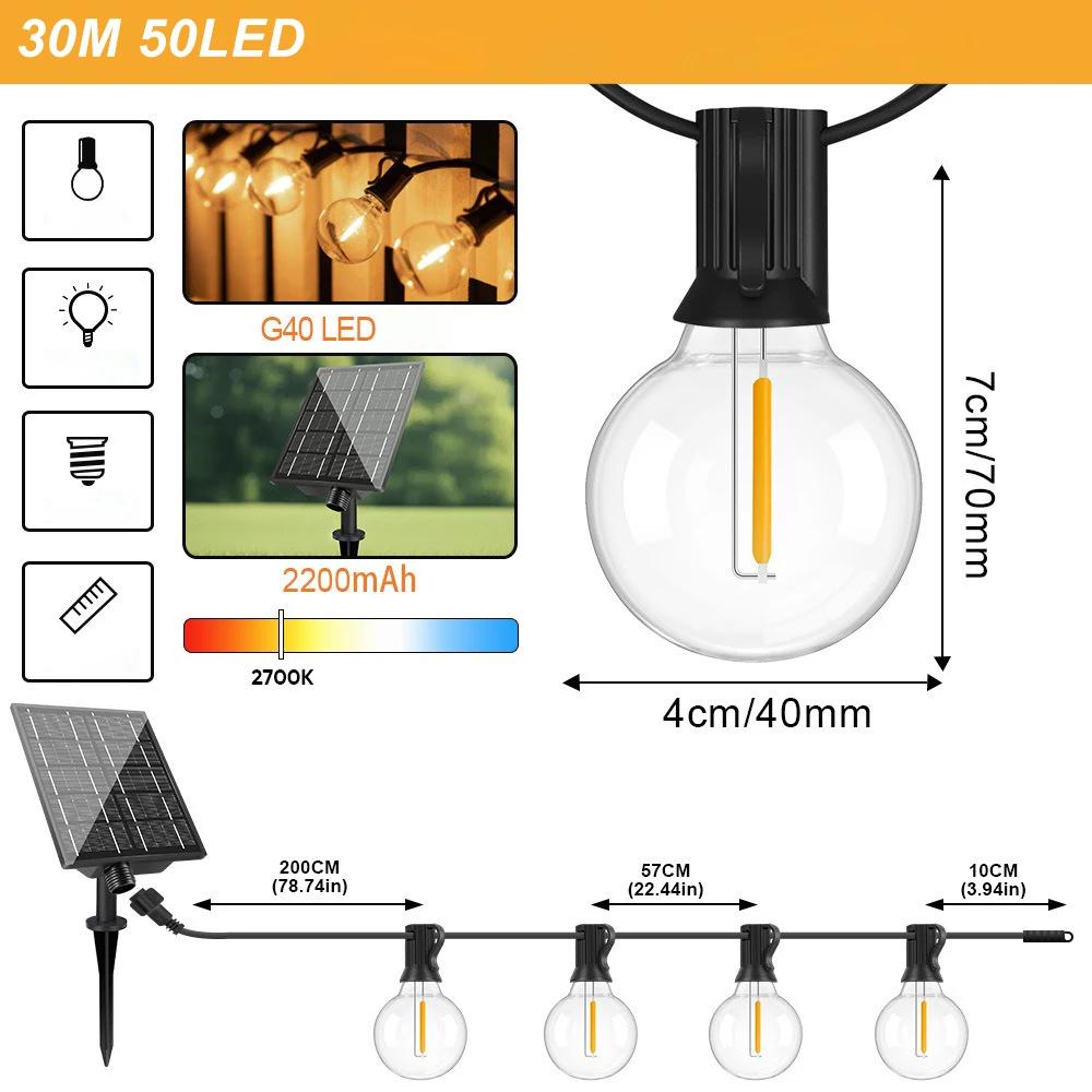 Solar Powered LED Light String G40 Shatterproof Ball Bulb Lights IP54 Waterproof for Courtyard Garden Camper Decoration Lighting