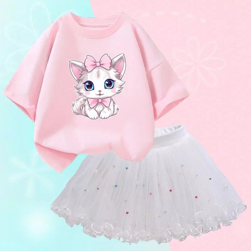 Cute Summer Girls Outfits Cartoon Cat T-shirt and Tutu Skirt 2pc/Set Girl Princess Clothes Suit Children Birthday Clothing 3T