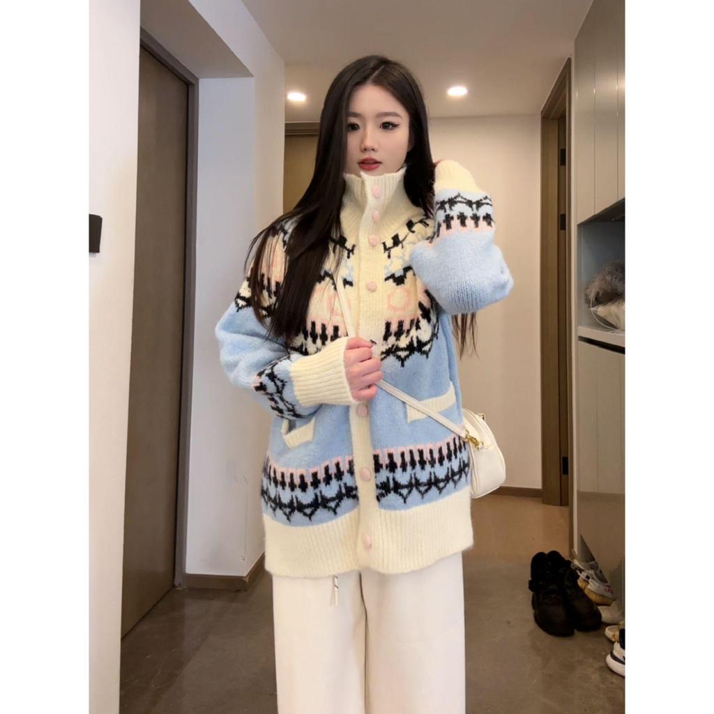 2024 Women's Fair Isle Jacquard Cardigan: Cozy Turn-Down Collar, Loose Fit for Autumn/Winter