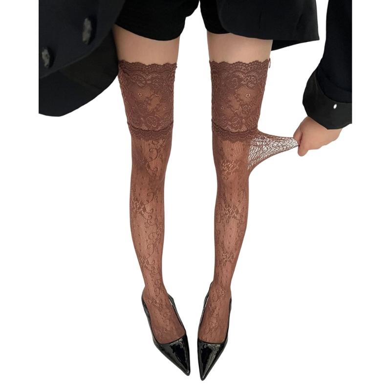Vintage Colorful Patterned Over Knee Socks Floral Lace Trim Fishnet Mesh Stretchy Nylon Thigh High Stockings For Women