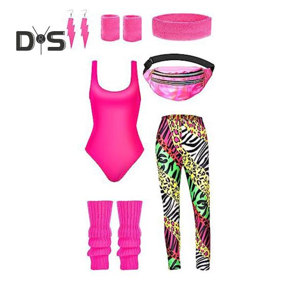 

Женский спортивный костюм в стиле ретро 1980-х годов, спортивная одежда, фитнес-экипировка, аксессуары для костюмов с жилетом, леггинсы, повязка на голову, браслеты, гетры, серьги, поясная сумка XL