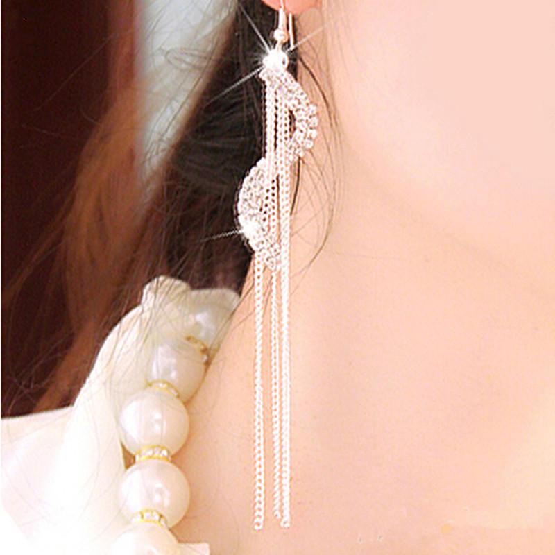 Women's Fashion S-Shape Long Tassels Rhinestone Hook Dangle Linear Earrings