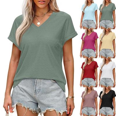 Women's Fashionable Casual Solid Color V-Neck Breathable T-Shirt Short Sleeved Top