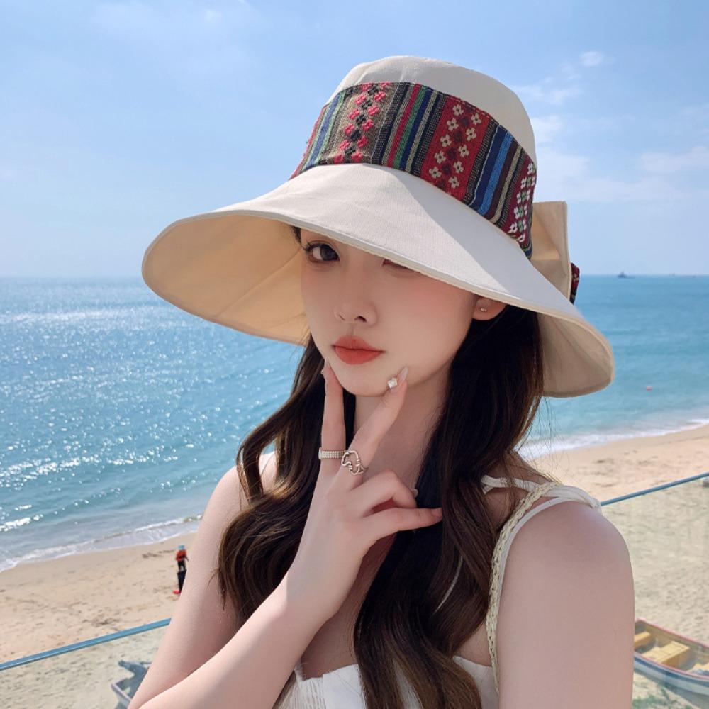 Ethnic Style Women's Sun Hat Solid Color Wide Brim Bucket Cap Simple Bowknot Fishmen Hat  Girl