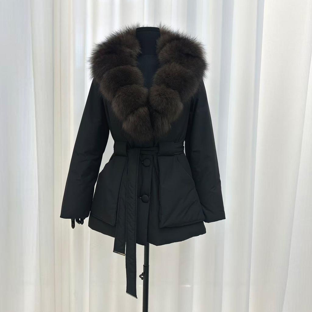 Giacca invernale nuova con collo in vera pelliccia di volpe e piumino d'anatra da donna, lunghezza media e lunga, alla moda, vestibilità ampia, ispessita, calda