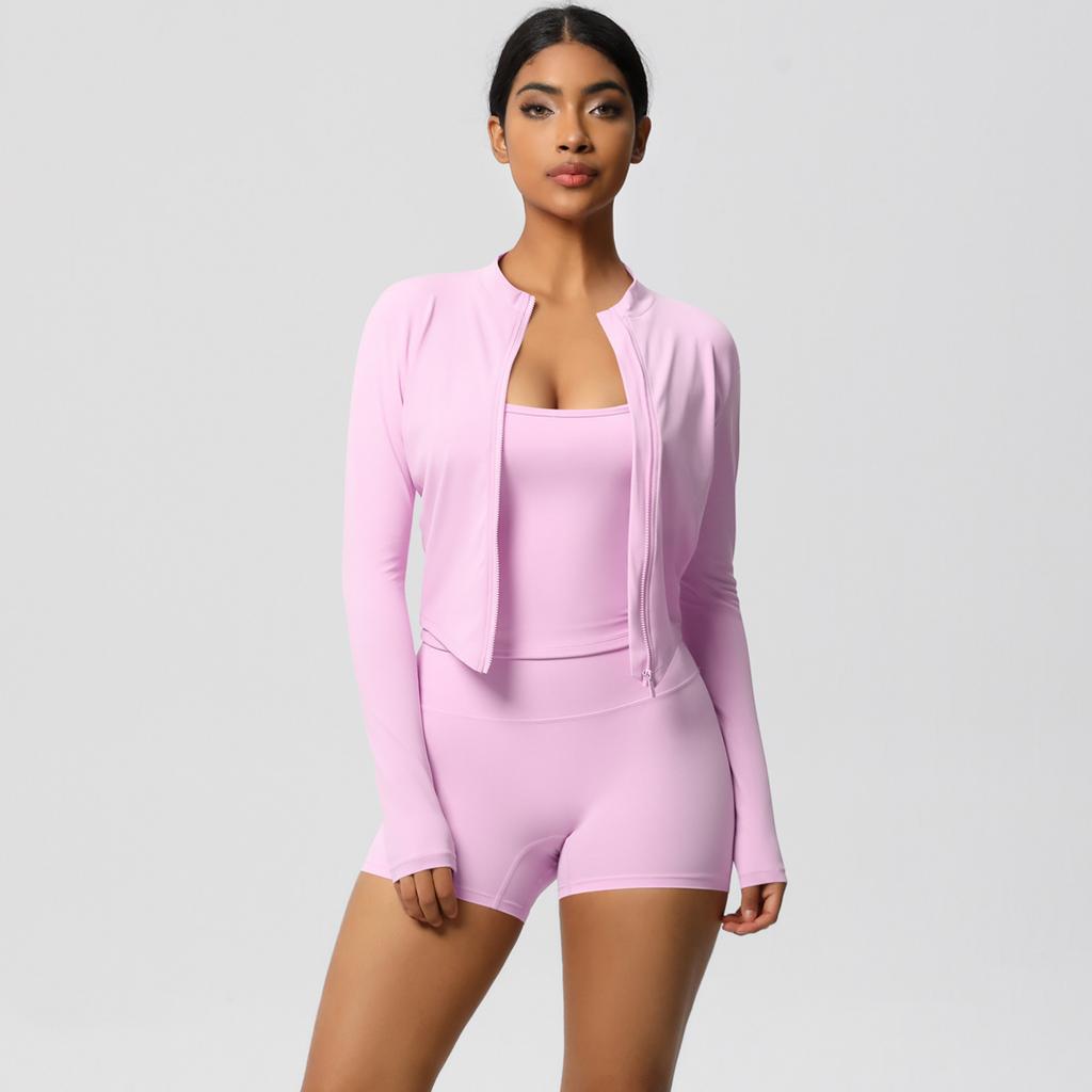 High Waisted Tight Fitting Sandblasting Yoga Suit, Naked Sensation Quick Drying Fitness Set, Outdoor Leisure Running Three Piece Set For Women