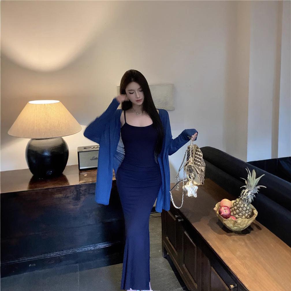 Pure desire wind sexy seaside suspender dress women's summer beautiful sleeveless waist thin fishtail hip wrap medium and long dress