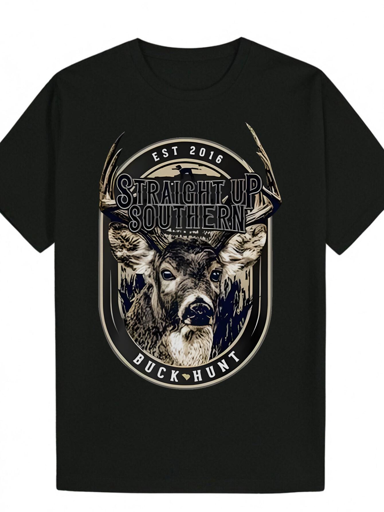 Crew Neck Polyester Animal T-shirt -  Straight Up Southern Buck Hunt  Graphic with Deer Head & Antlers XXL