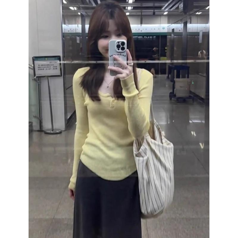 Button semi-open neck slim-fitting thin knitted long-sleeved women's spring inner cover Spice girl slim bottoming shirt Basic top