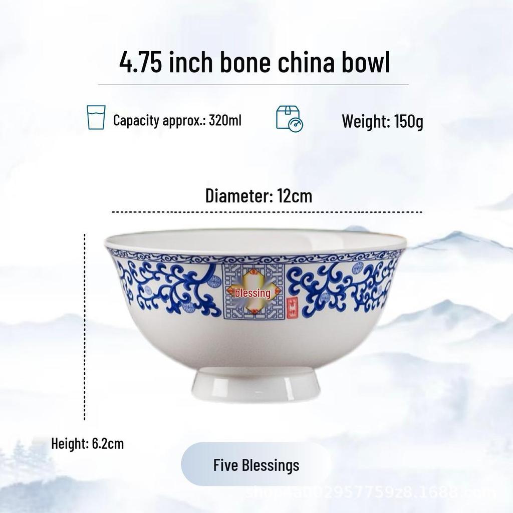 Blue and White High-Foot Bone China Noodle Bowl - Chinese-Style, Anti-Scald, Customizable for Birthdays