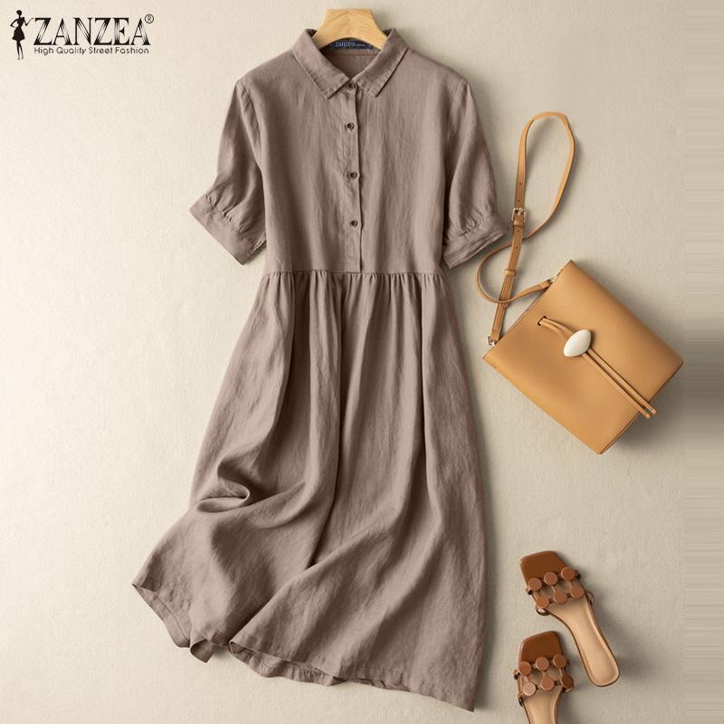

ZANZEA Женское повседневное летнее платье с отложным воротником и короткими рукавами