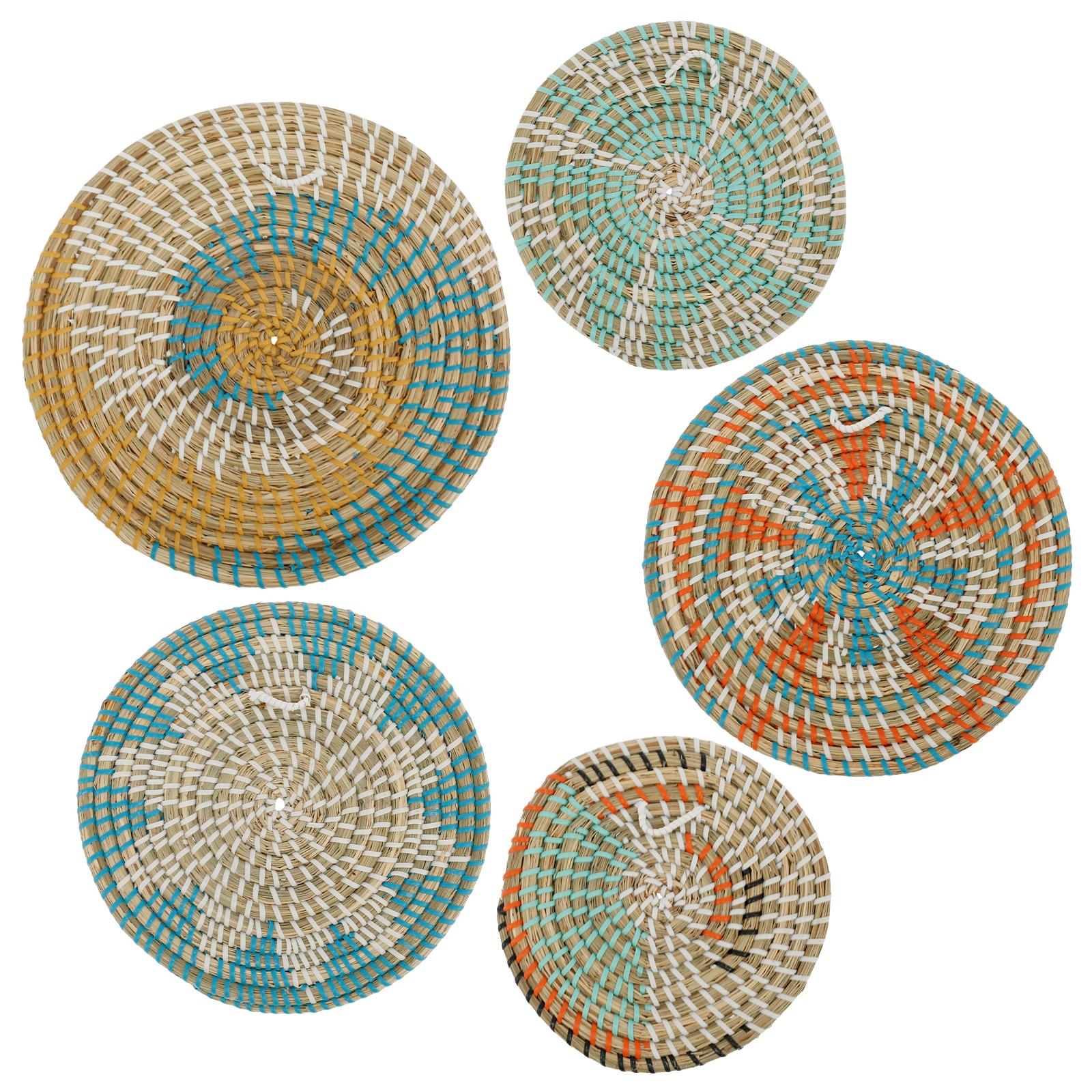 

5Pcs Boho Wall Basket Decor Hanging Woven Wall Basket Decorative Handcrafted Wall Decor Brass Basket Round Seagrass Wall Art