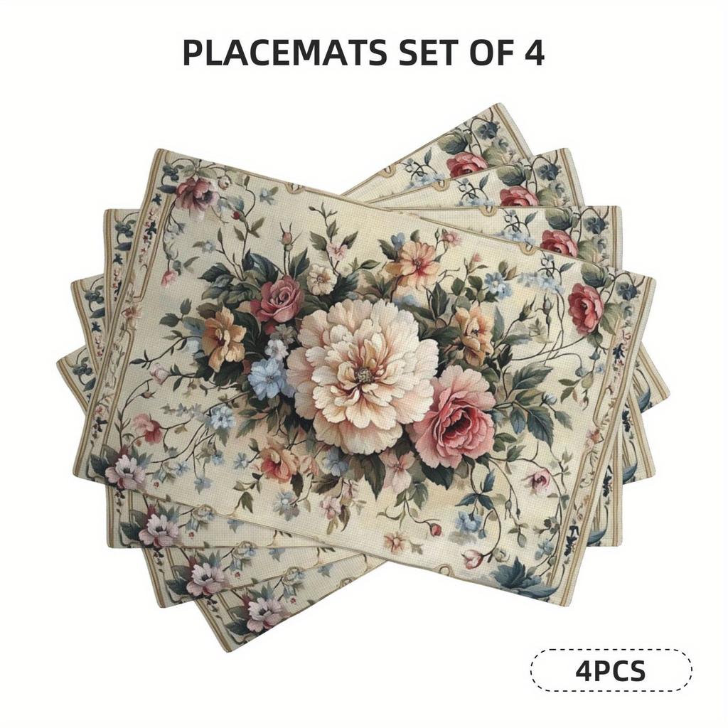 4pcs/6pcs Placemats, 12X18 Inch Colorful Vintage Floral Pattern Washable Table Mat, Farmhouse Country Home Decor, Kitchen Dining Room Decor, Family