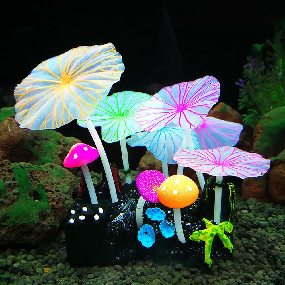 Silicone Luminous Ornament Artificial Glowing Lotus Leaf Mushroom Aquarium Fish Tank Landscaping Decoration