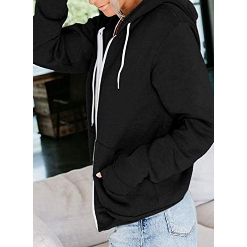 Herbst Damen Einfarbig Langarm Tasche Kordelzug Kapuzen Reißverschluss Verdicktes Sweatshirt