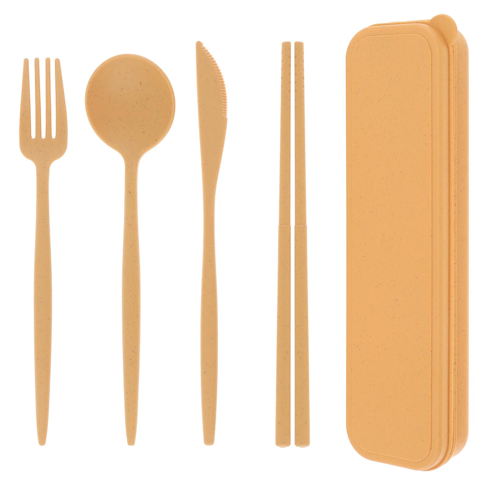 

5 шт./компл. портативный дорожный набор столовых приборов из пшеничной соломы для кемпинга, пикника/школьного обеда/ежедневного использования с коробкой для посуды жёлтый