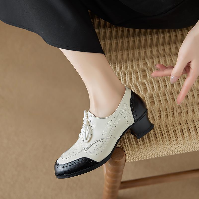 Fashion New Genuine Leather Women High Heel Shoes Lace Up Classic Round Toe Mid Heels Shoes Casual Loafers Office Lady Dress Size 34-40